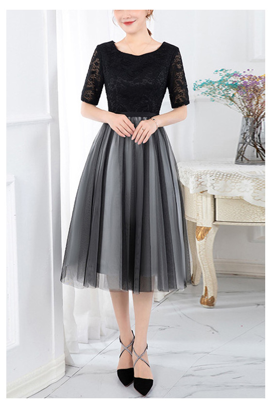 Modest Black Tulle Tea Length Lace Party Dress With Sleeves