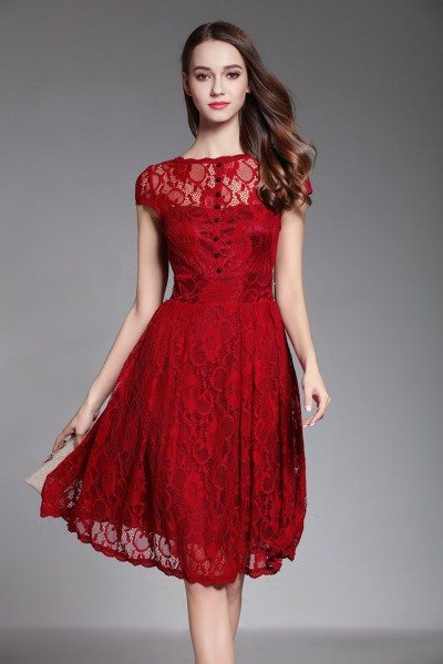 Burgundy Lace Short Dress With V Back - $63 #DK374 - SheProm.com