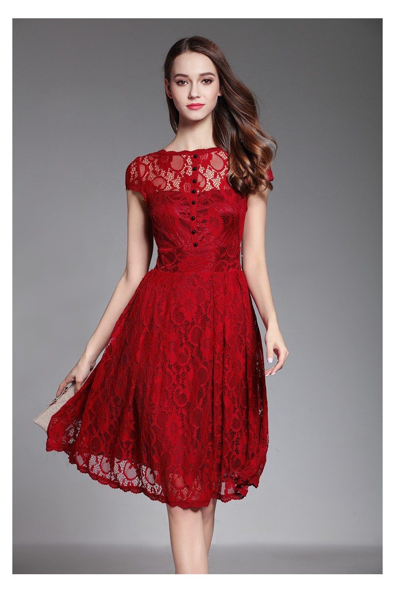 Burgundy Lace Short Dress With V Back - $59.22 #DK374 - SheProm.com
