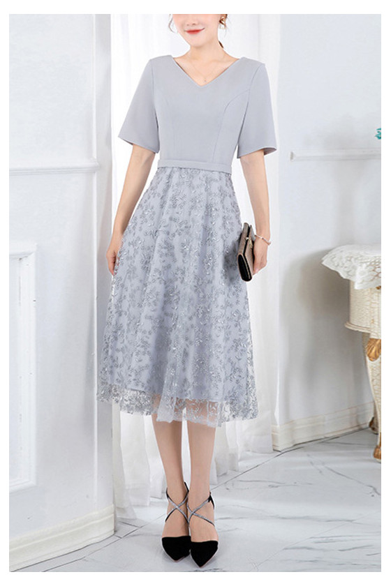 Modest Grey Lace Wedding Party Dress Vneck With Short Sleeves