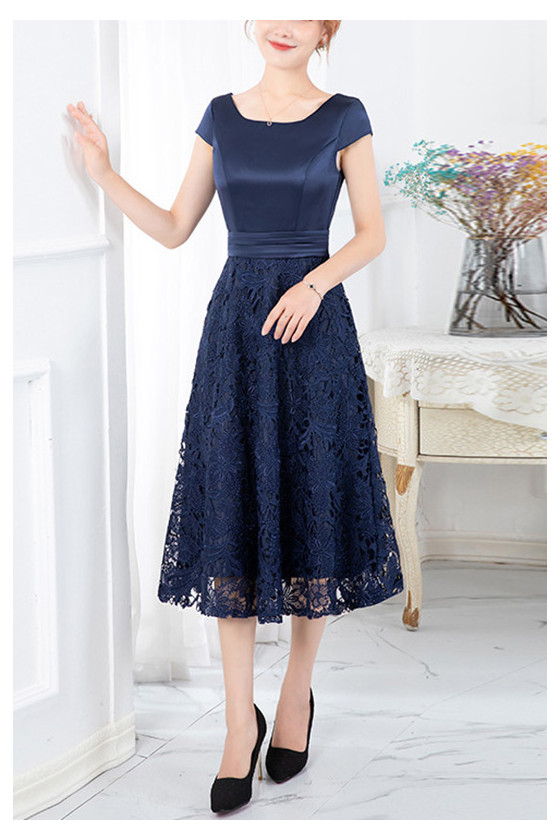 Navy Blue Lace Tea Length Wedding Party Dress With Square Neckline