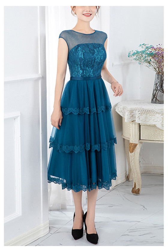 Special Tulle Layered Party Dress Lace With Illusion Neckline