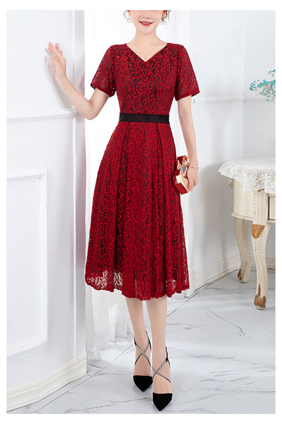 Women Vneck Lace Knee Length Party Dress With Sleeves