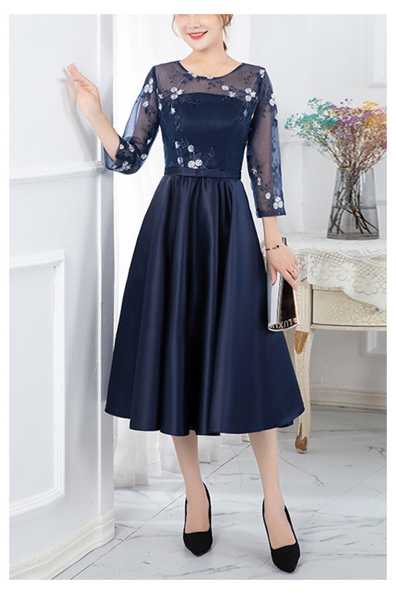 Navy Blue Midi Wedding Party Dress With Sheer 3/4 Sleeves