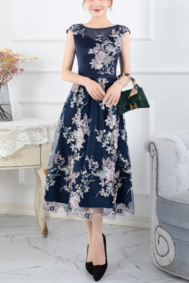 Embroidered Tea Length Navy...