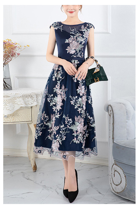 Embroidered Tea Length Navy Blue Wedding Guest Dress With Cap Sleeves