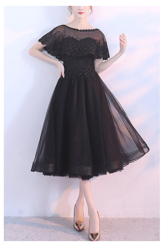 Black Tulle Midi Homecoming Dress With Removable Lace Cape Sleeves