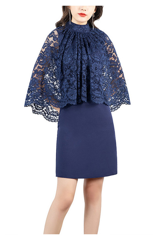 Navy Blue Sheath Short Cocktail Party Dress With Lace Cape