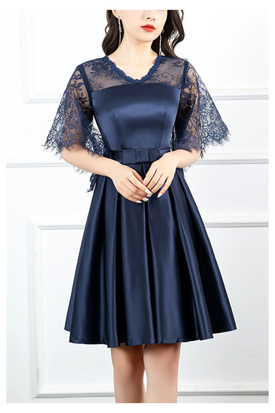 Navy Blue Short Homecoming Dress Vneck With Lace Sleeves