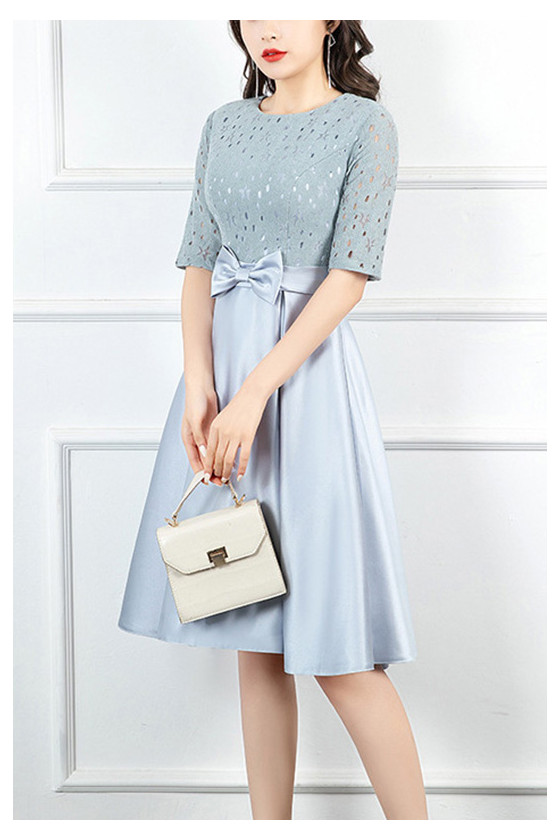 Blue Knee Length Party Dress With Bow Knot Lace Sleeves