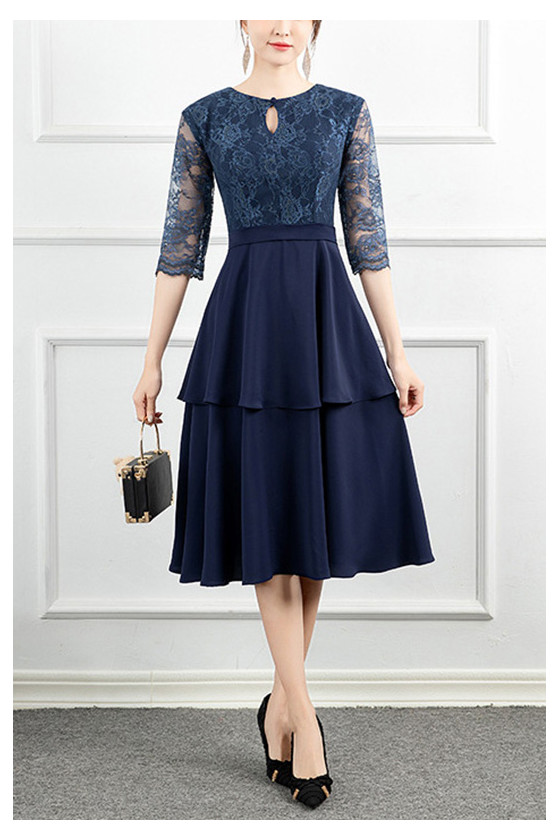 Knee Length Navy Blue Wedding Guest Dress With Half Sleeves