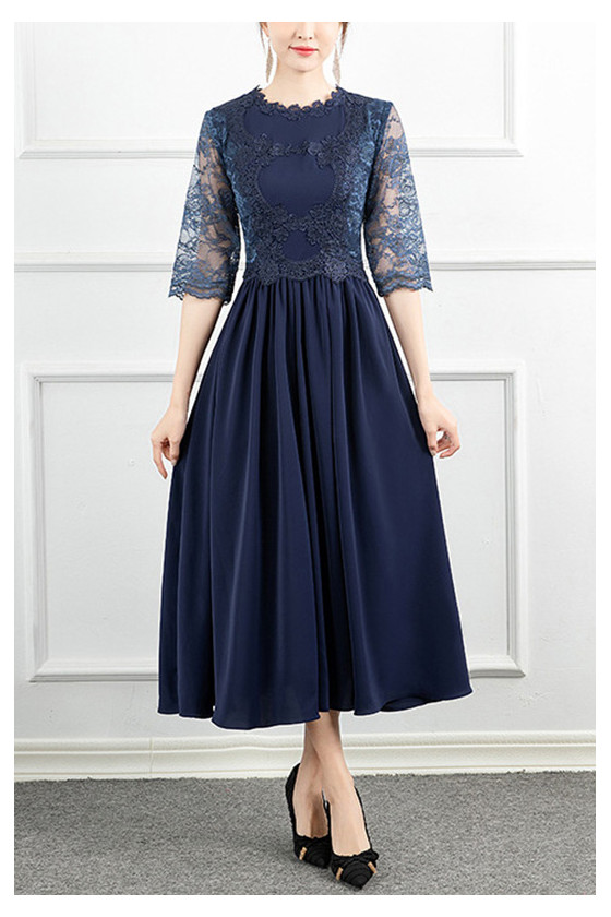 Navy Blue Lace Tea Length Wedding Party Dress With Sheer Sleeves