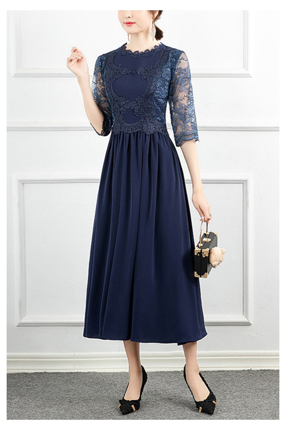 Navy Blue Lace Tea Length Wedding Party Dress With Sheer Sleeves - $71. ...