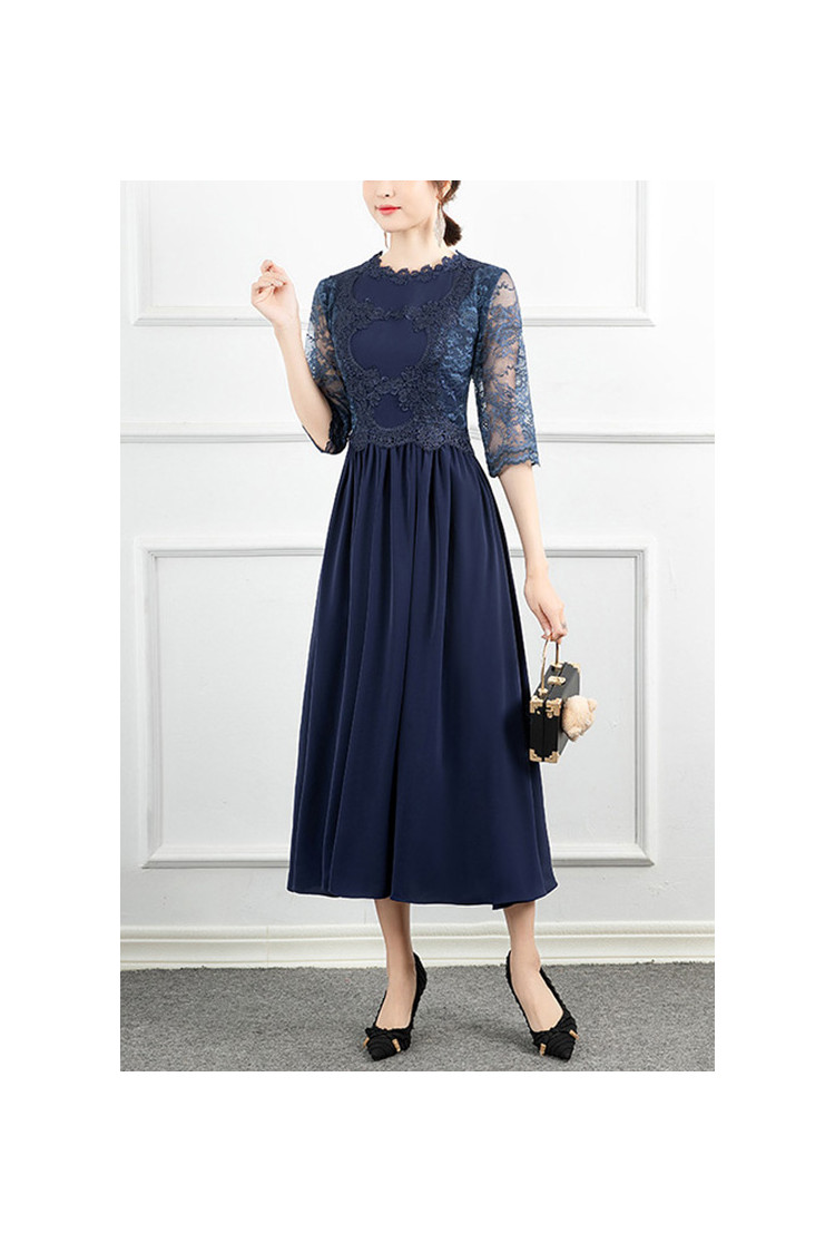 Navy Blue Lace Tea Length Wedding Party Dress With Sheer Sleeves - $71. ...
