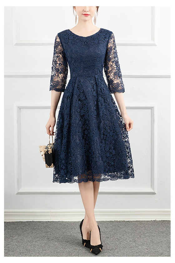 Blue Lace Wedding Party Dress With Sleeves For Women