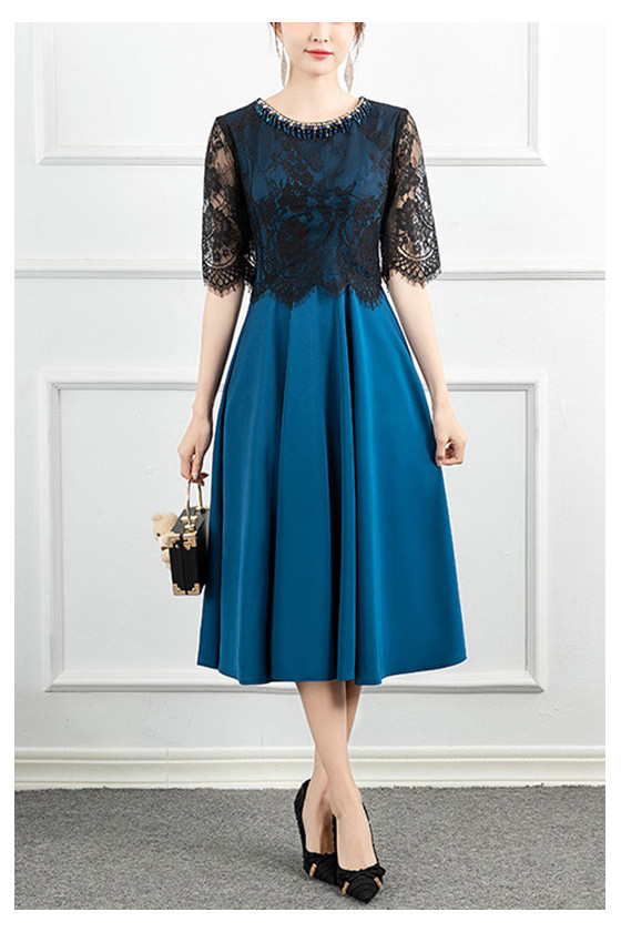 Women Tea Length Natural Waist Semi Party Dress With Lace Sleeves