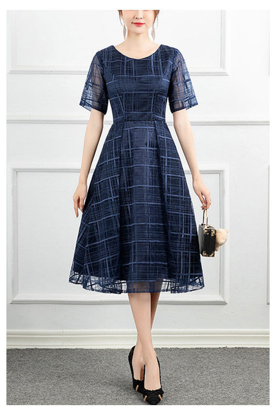 Modest Navy Blue Striped Wedding Party Dress Round Neck With Sleeves