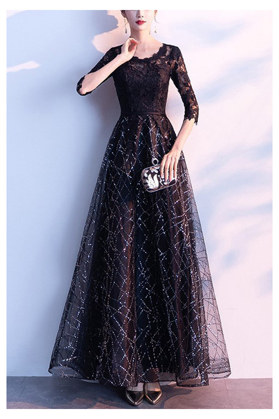 Black Bling Sequins Long Party Dress With Half Sleeves