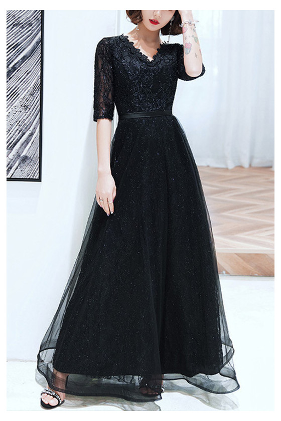 Gorgeous Long Black Tulle Evening Dress Vneck With Lace Sleeves