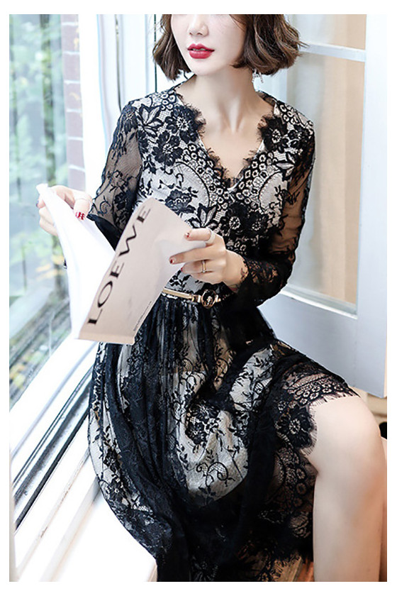 Black Lace Homecoming Party Dress With Sheer Long Sleeves - $64.4832 #S1670  - SheProm.com