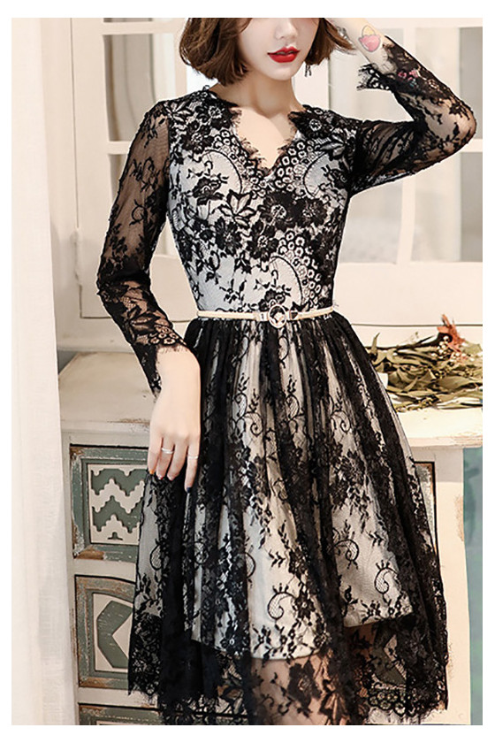 Black Lace Homecoming Party Dress With Sheer Long Sleeves