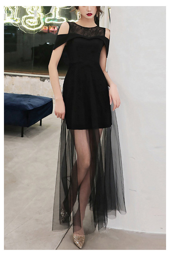 Black Tulle Sheath Party Dress With Cold Shoulder