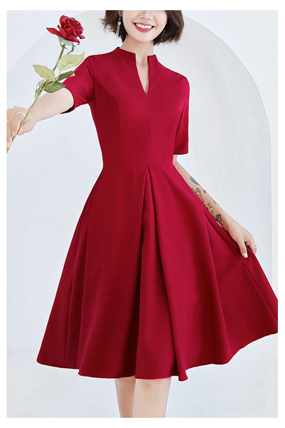Simple Knee Length Burgundy Semi Formal Dress With Sleeves