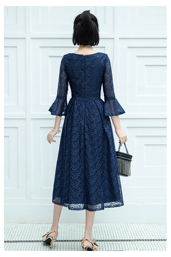 Navy Blue Lace Midi Wedding Party Dress With Flare Sleeves - $68.4792 # ...