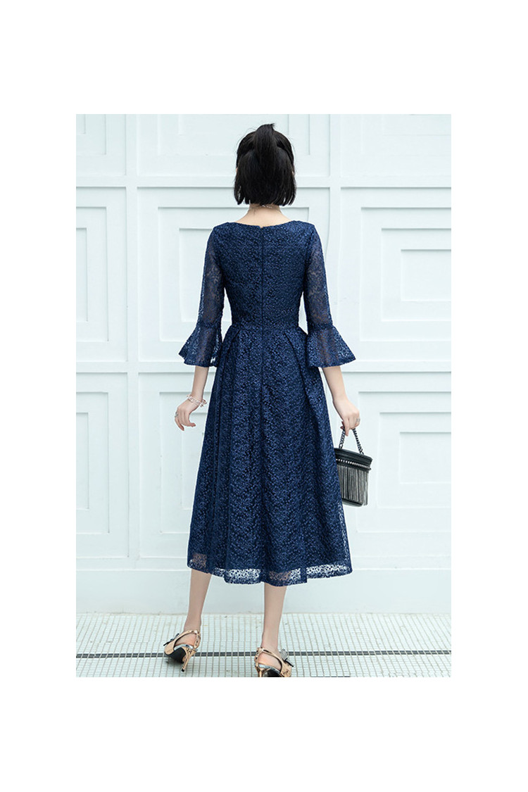 Navy Blue Lace Midi Wedding Party Dress With Flare Sleeves - $68.4792 # ...