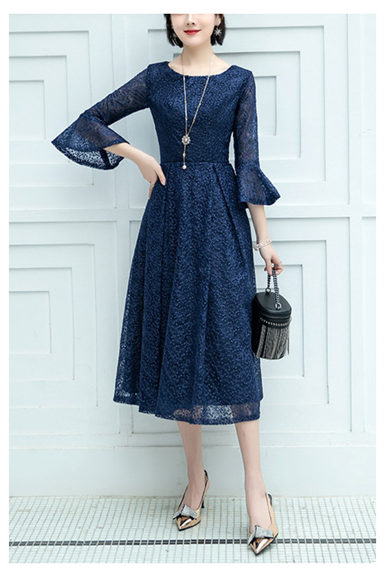 Navy Blue Lace Midi Wedding Party Dress With Flare Sleeves