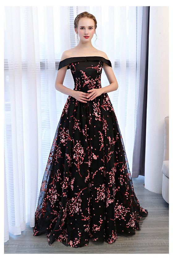 Gorgeous Off Shoulder Long Black Prom Dress With Floral Prints