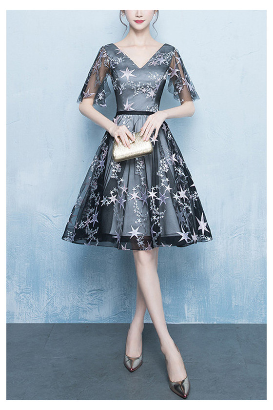 Cute Short Tulle Stars Pattern Homecoming Party Dress Vneck With Sleeves