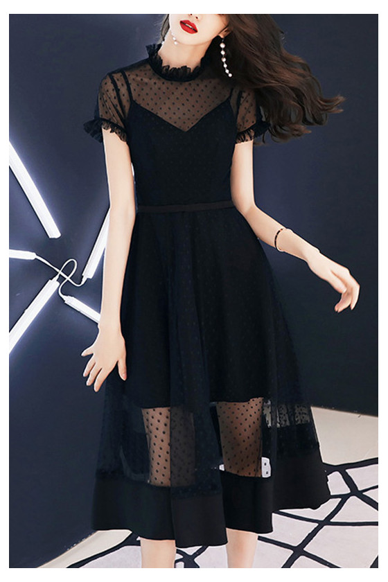 Special Black Tulle Polka Dot Homecoming Party Dress With Sheer Neckline