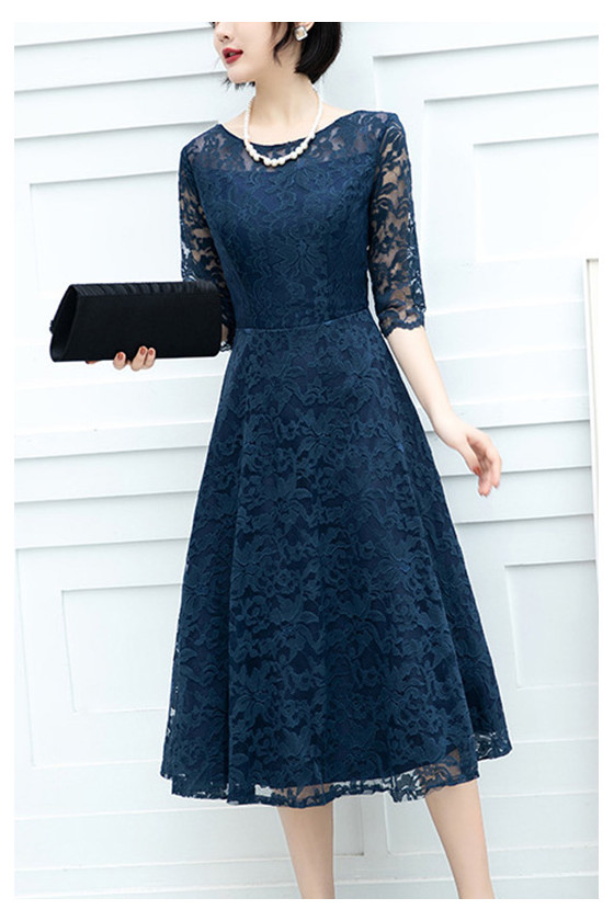 Navy Blue Lace Knee Length Women Party Dress With Lace Sleeves