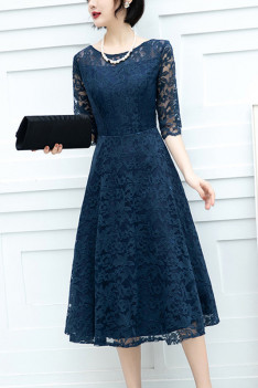 Navy Blue Lace Knee Length Women Party Dress With Lace Sleeves - $68. ...