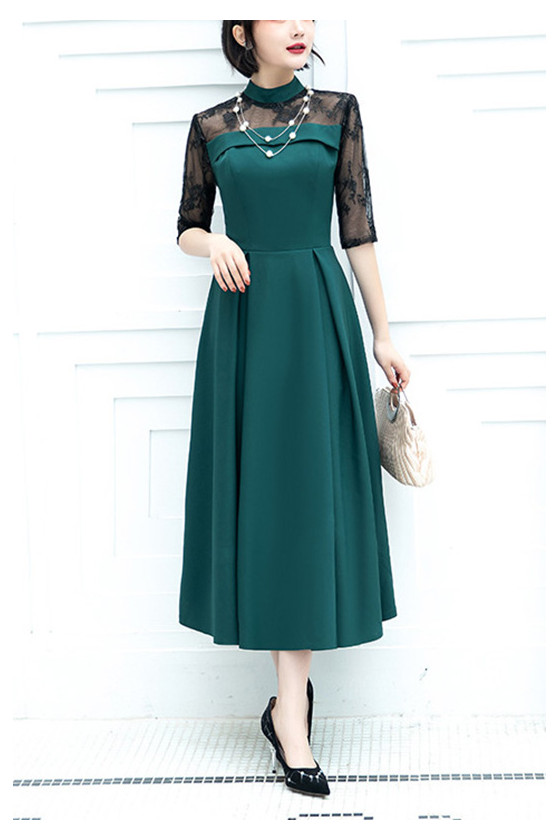 Special High Neck Green Wedding Party Dress With Sleeves