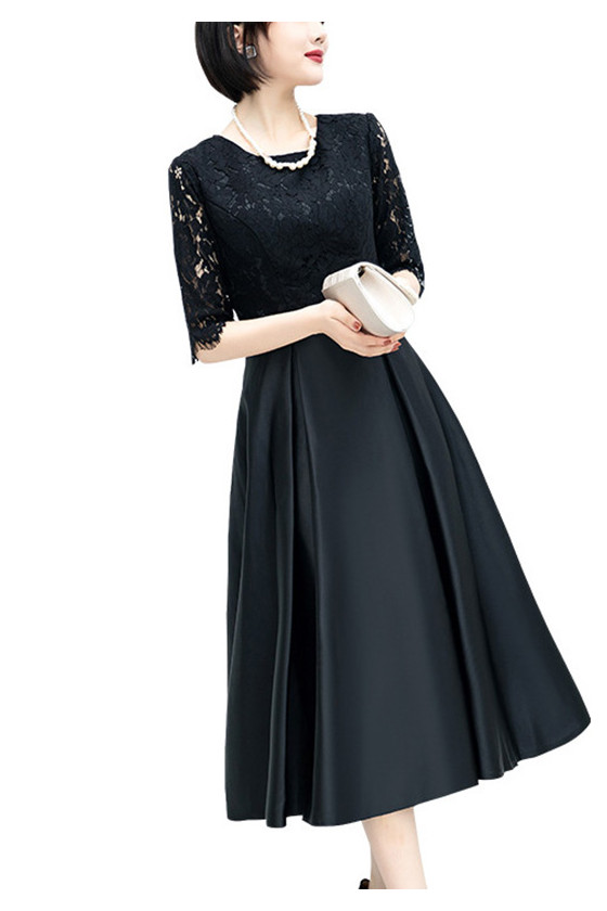 Retro Black Tea Length Satin Homecoming Party Dress With Sleeves