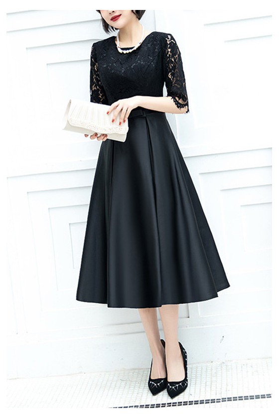 Retro Black Tea Length Satin Homecoming Party Dress With Sleeves - $53.4816  #S1690 - SheProm.com
