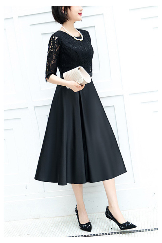 Retro Black Tea Length Satin Party Dress With Sleeves 53.