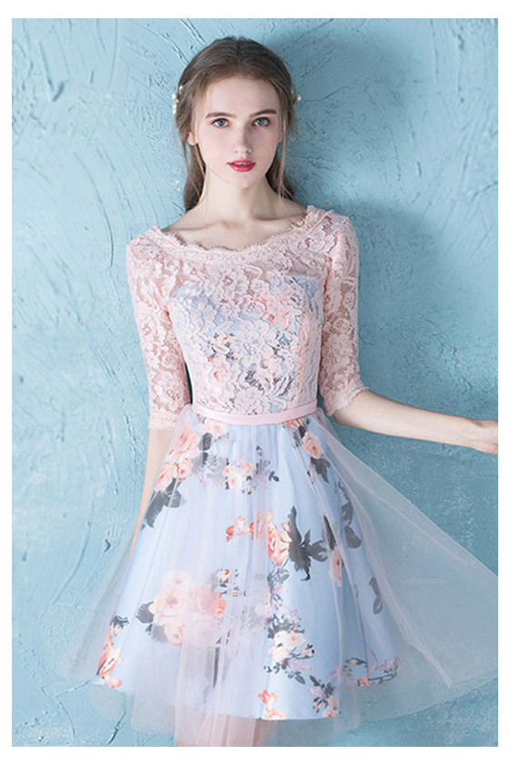 Cute Floral Prints Lace Short Hoco Dress With Half Sleeves