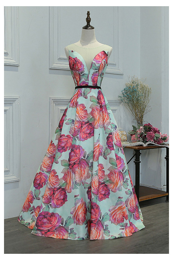 Floral Prints Long Prom Dress With Illusion Deep V Neckline