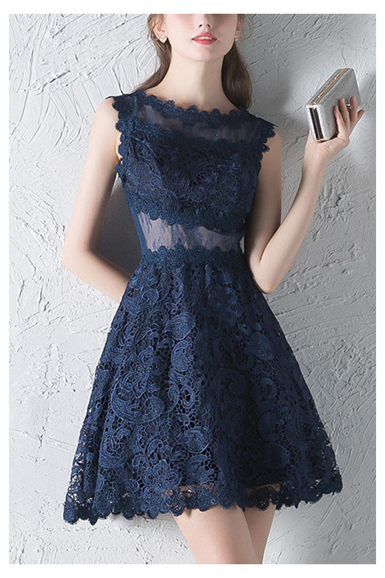 Blue Lace Navy Homecoming Dress With Sheer Back