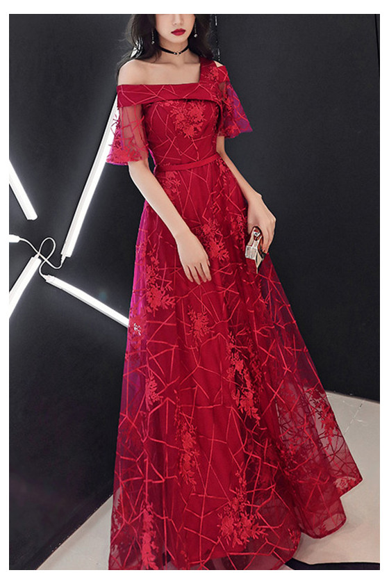 Burgundy Aline Long Party Dress Asymmetrical Straps Sleeves