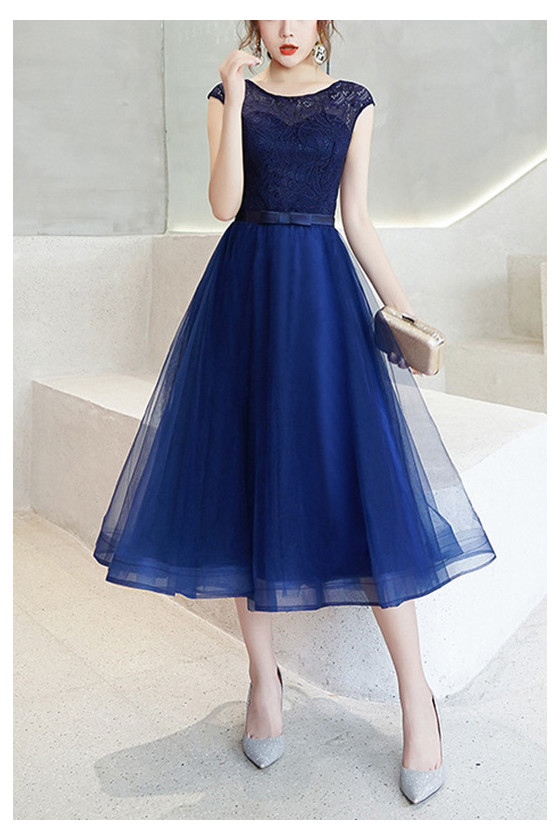 Blue Midi Tulle Aline Party Dress With Sash