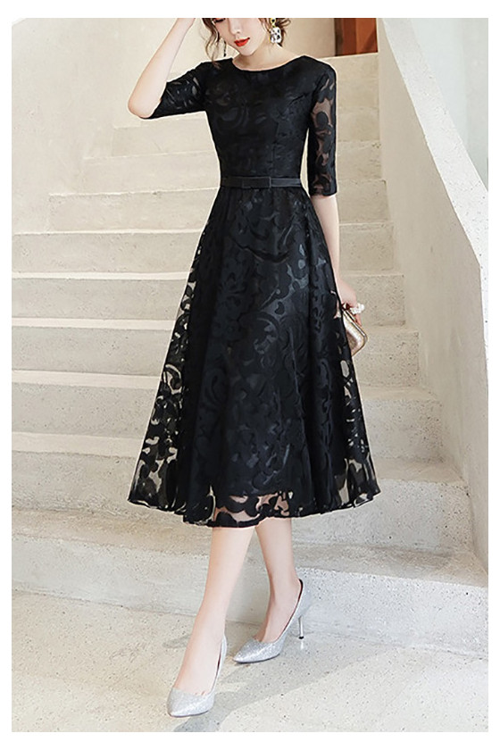 Black Lace Tea Length Party Dress With Half Sleeves