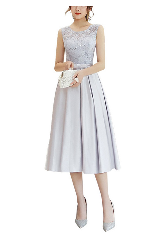 Elegant Pleated Midi Party Dress Satin With Lace