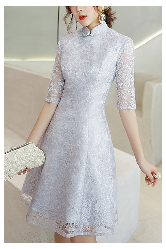 Special Short Lace Party Dress Sleeved With Collar