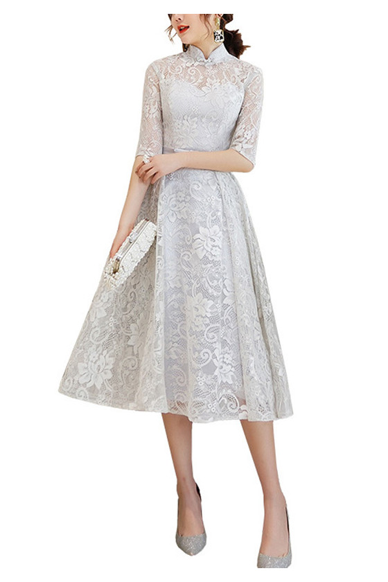 Elegant Lace Grey Tea Length Party Dress With Half Sleeves