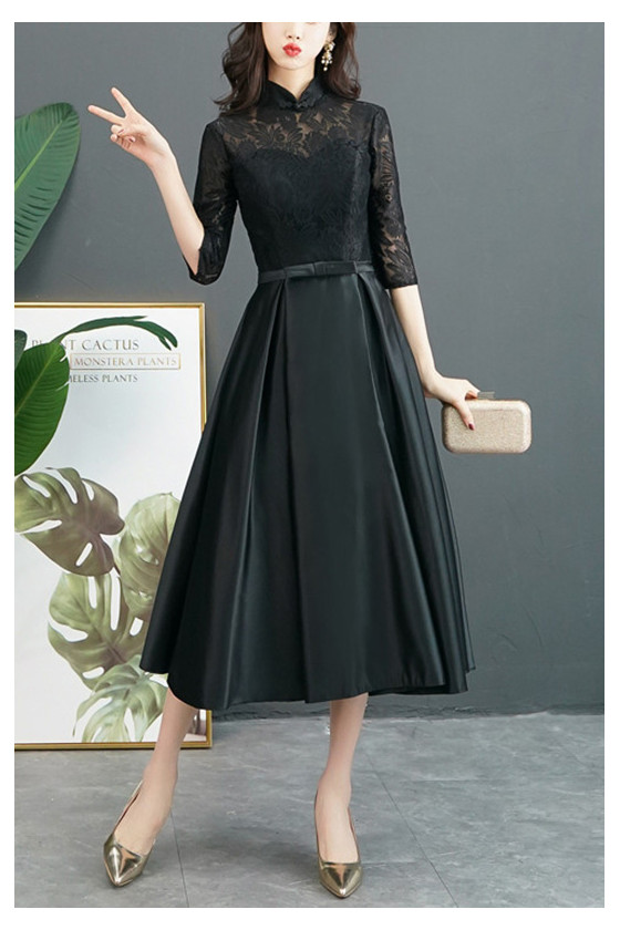 Midi Black Tea Length Satin Party Dress With Collar Lace