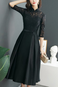 Midi Black Tea Length Satin Party Dress With Collar Lace - $65.4768 # ...